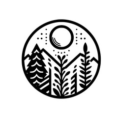 Minimalist Mountain & Forest Icon in a Circle, Vector Illustration