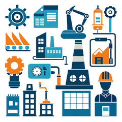 Industry and Manufacturing Vector Illustration with Orange and Blue