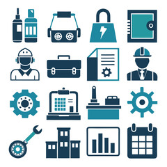 Industrial Icons Set - Blue and Teal Vector Illustration