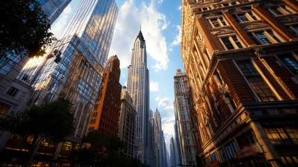 NYC Skyscrapers, Sunny Urban Alley, Looking Up