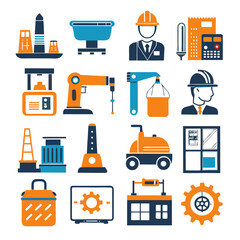 Industrial and Manufacturing Icons Set with Workers and Machines