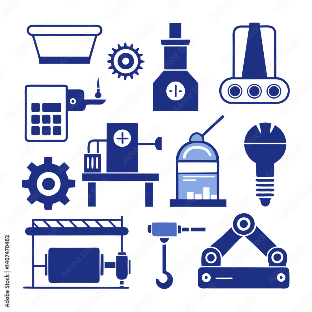 Poster machine icons set, manufacturing processes, robotics elements