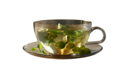 Transparent glass teacup filled with herbal tea and mint leaves, hd realistic 8k, --ar 16:9 --v 7.0