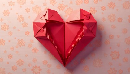 Red Origami Heart with Cracked Texture on Pink Floral Background