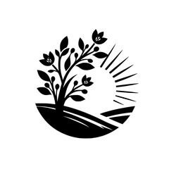 Blooming Tree Silhouette in Sunset Circle - Nature Logo, Vector