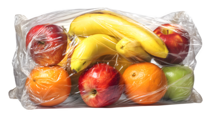 Transparent plastic bag filled with assorted fresh fruits including bananas, apples, and oranges --ar 16:9 --v 7.0