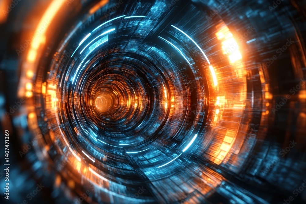 Poster dynamic tunnel of light with blue and orange patterns swirling in motion