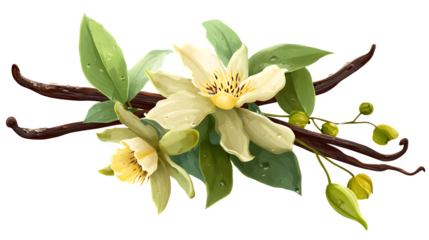 Vanilla flower with pods and green leaves depicted in botanical style on a transparent background --ar 16:9 --v 7.0