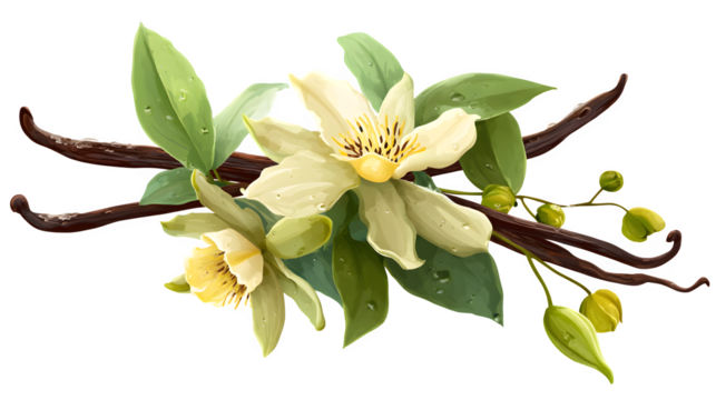 Vanilla flower with pods and green leaves depicted in botanical style on a transparent background --ar 16:9 --v 7.0