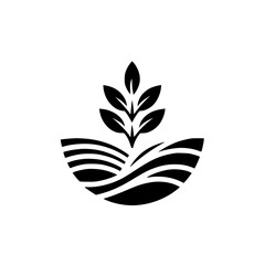 Minimalist Agriculture Logo: Plant Growing in Farm Fields - Black & White