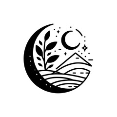 Celestial Landscape: Minimalist Moon, Mountain & Plant Icon