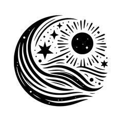 Celestial Circle: Sun, Moon, Stars Black & White Vector