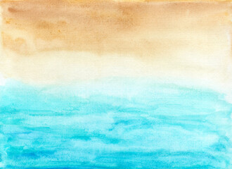 Watercolor blue and sand watercolor background on canvas. Wallpaper with abstract illustration for text design, postcards