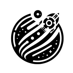 Black & White Space Exploration Icon, Retro Rocket & Planet Design