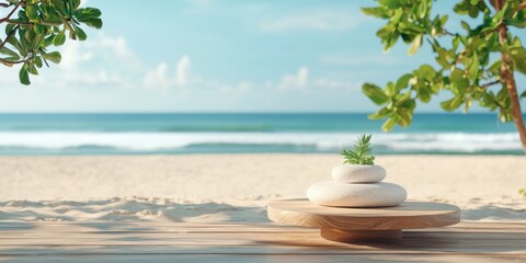 Obraz premium Tranquil Spa Scene with Stacked Stones on Wooden Table at Beach, Relaxation and Wellness Concept
