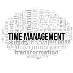 Clean and motivating word cloud centered on "time management," filled with terms for productivity, planning, and efficiency. Great for business, coaching, and personal development projects