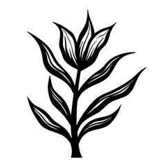 Elegant Black & White Botanical Illustration: Tulip & Leaves