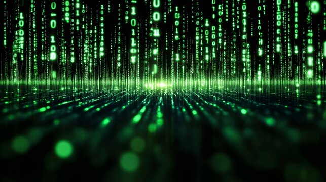 Green binary code raining over dark digital surface