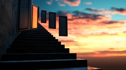 Stairway to multiple doors, sunset sky backdrop.  Possible use motivational, inspirational