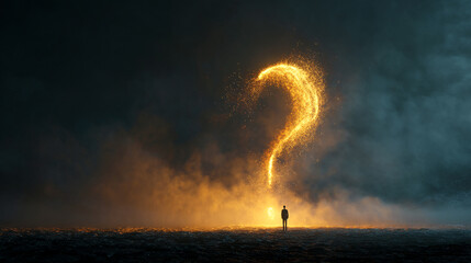 Silhouette of person facing a fiery question mark formed of sparks in a dark, foggy landscape.  Symbolizes uncertainty, choice, and the search for answers.