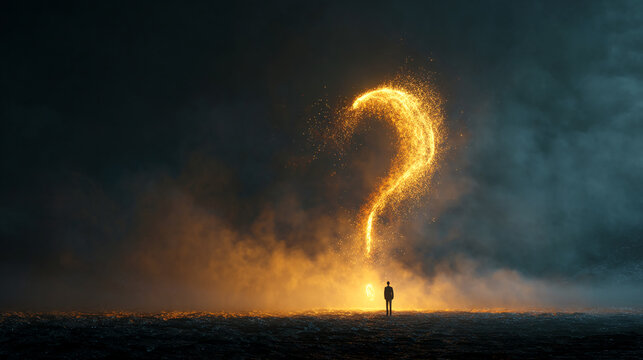 Silhouette of person facing a fiery question mark formed of sparks in a dark, foggy landscape. Symbolizes uncertainty, choice, and the search for answers. - Powered by Adobe
