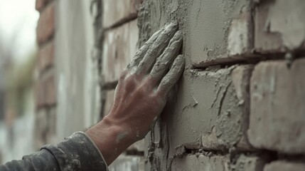 Fototapeta premium Mason applying plaster to brick wall. Featuring skill and focus