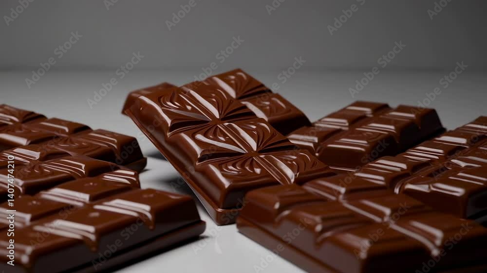 Poster smooth, milk chocolate bars, some stacked, some leaning, some lying flat, create visually appealing 