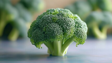 Fresh broccoli crown resting on a vibrant blue surface