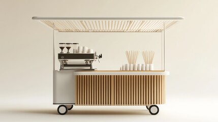 Modern coffee cart, outdoor service, minimalist design, beige background, food stall