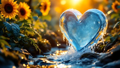 Fototapeta premium Translucent Blue Glass Heart in Sunlit Stream with Sunflowers