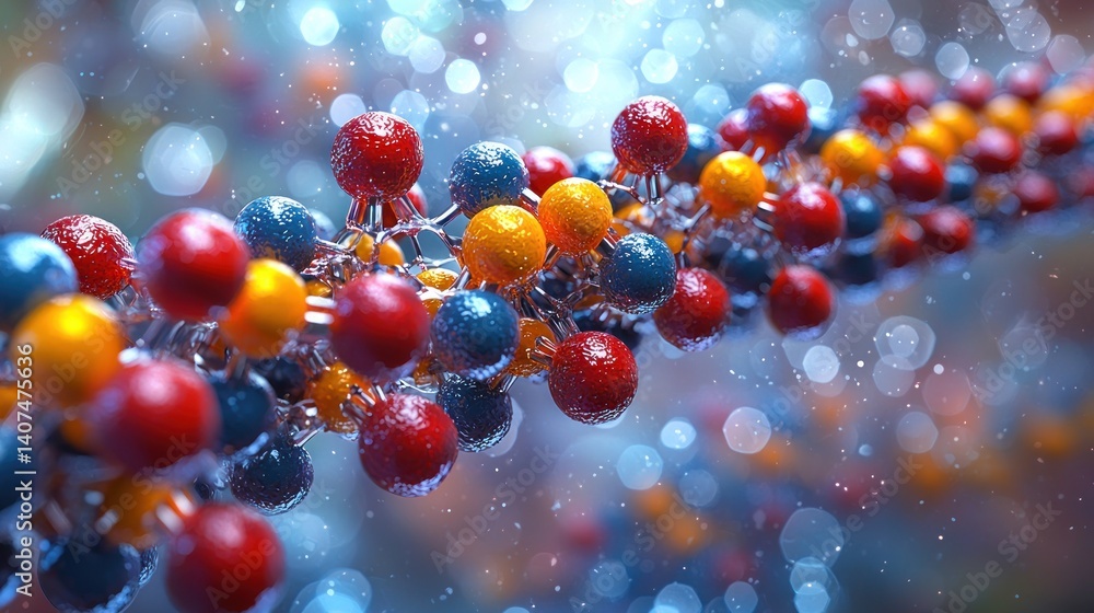Aufkleber microscopic view of a dna strand: a colorful 3d render of molecular structure
