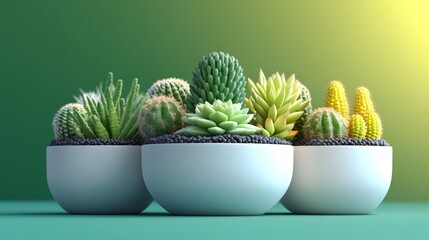 Succulents and cacti growing in modern white pots on green background