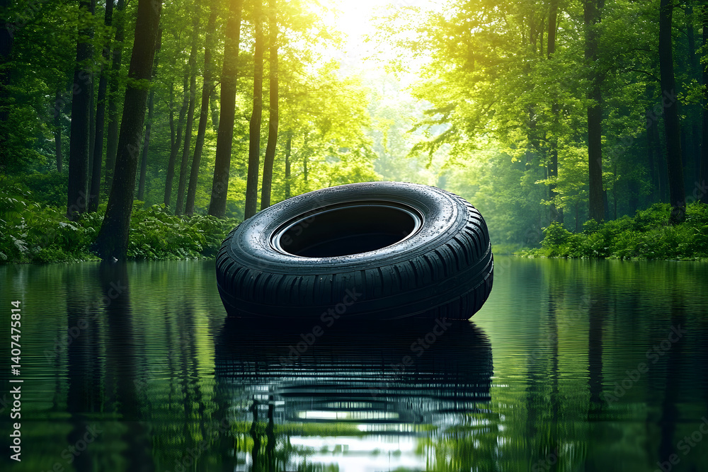 Poster tire floating on water in a lush green forest with sunlight filtering through trees.
