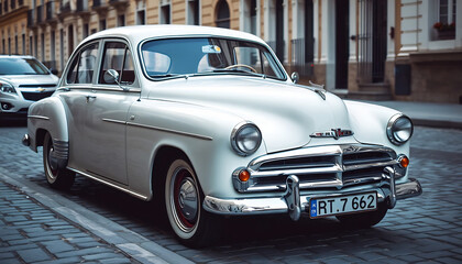 A Vintage Car Parked on a Cobblestone Street