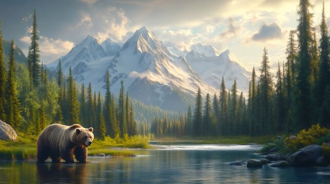 Brown bear wading in a pristine mountain lake at sunset - Powered by Adobe