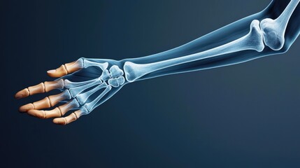 Human forearm anatomy skeletal structure and radiology concept. Detailed X-ray image of a human arm showcasing skeletal structure.