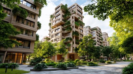 Naklejka premium Modern apartment buildings with lush greenery