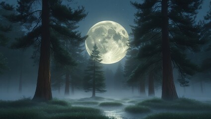 Enchanting Full Moon Night in Misty Forest Tall Trees Magical Atmosphere