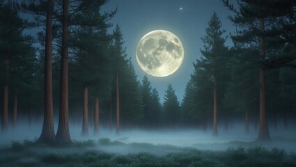 Enchanting Full Moon Night in Misty Pine Forest Tranquil Nature Scene