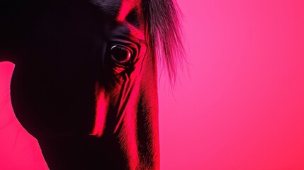 Horse portrait in studio with pink lighting, close-up animal face detail