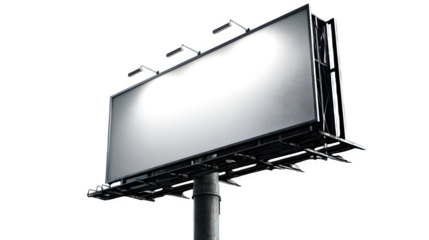 Blank billboard with a metal support pole and top lighting, shown from a low angle against a black background --ar 16:9 --v 7.0