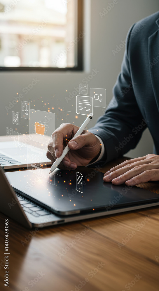 Poster digital workflow: man in suit navigating files with stylus on laptop. paperless office, data managem