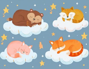 雲の上で寝ている動物たち