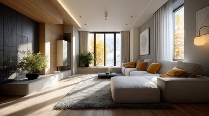 Fototapeta premium Modern living room with a large window, a sectional sofa and a coffee table