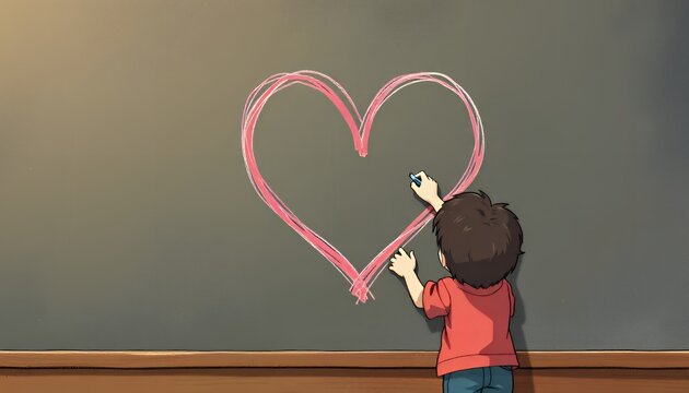 Child Drawing Pink Heart on Dark Gray Chalkboard Pixel Art Illustration