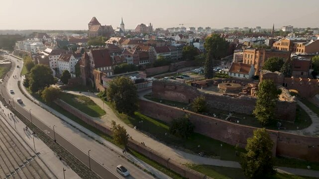 A sunny afternoon on the Vistula River in Toruń. Aerial view of old town of Torun, Poland.