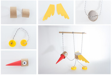 Step-by-step handmade bird marionette from recycled materials for educational content, eco...