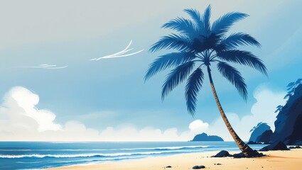 Obraz premium Serene Tropical Beach Scene Palm Tree Ocean Waves and Sandy Shore