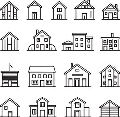 set of outline icons related to building design silhouette victor isolated on the white background.