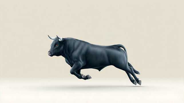 Powerful black bull in dynamic running pose against neutral background
